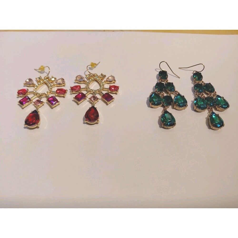 Costume Jewelry Pink Green Rhinestones Dangling Drop Formal Earrings